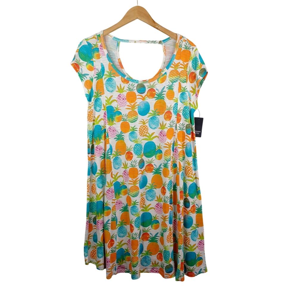 Crown & Ivy Women Pineapple Print Knit A-line Dress M Orange Teal Tropical Beach